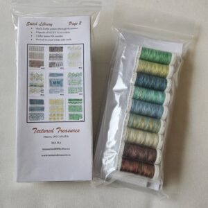 Image of 2 needlework kits, one showing the front of the kit, one showing the back. The front images has a small square photo of the 9 different cards that will be stitched with this kit. The back photo shows the colours of SULKY 12wt petite cotton included in the kit.