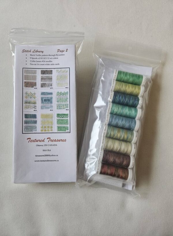 Image of 2 needlework kits, one showing the front of the kit, one showing the back. The front images has a small square photo of the 9 different cards that will be stitched with this kit. The back photo shows the colours of SULKY 12wt petite cotton included in the kit.