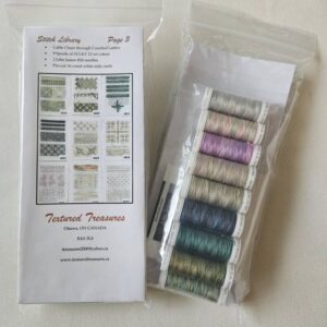 Photo showing the back and front of a Stitch Library page 3 kit. The front shows the 9 card kits included in this selection, and the back shows the 9 spools of SULK and the John James needles included in this kit.