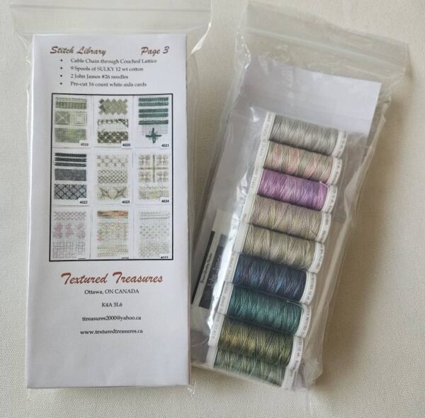 Photo showing the back and front of a Stitch Library page 3 kit. The front shows the 9 card kits included in this selection, and the back shows the 9 spools of SULK and the John James needles included in this kit.