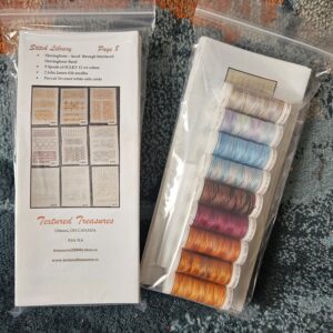 photo of 2 Stitch Library kits, both of them representing page 8. The image on the left is of the front of the kit, showing the 9 cards that can be made with the kit. On the right is the back of a page 8 kit, showing the 9 colours of SULKY 12wt cotton that are included and used to stitch the 9 cards.