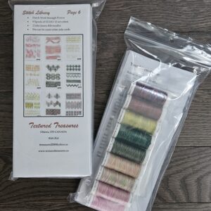Photo of 2 Stitch Library kits: on the left is the front of the Page 6 kit, showing the 9 cards of stitches that can be stitched; on the right is the back of the Page 6 kit, showing the 9 spools of SULKY 12wt Blendable colours included in the kit.