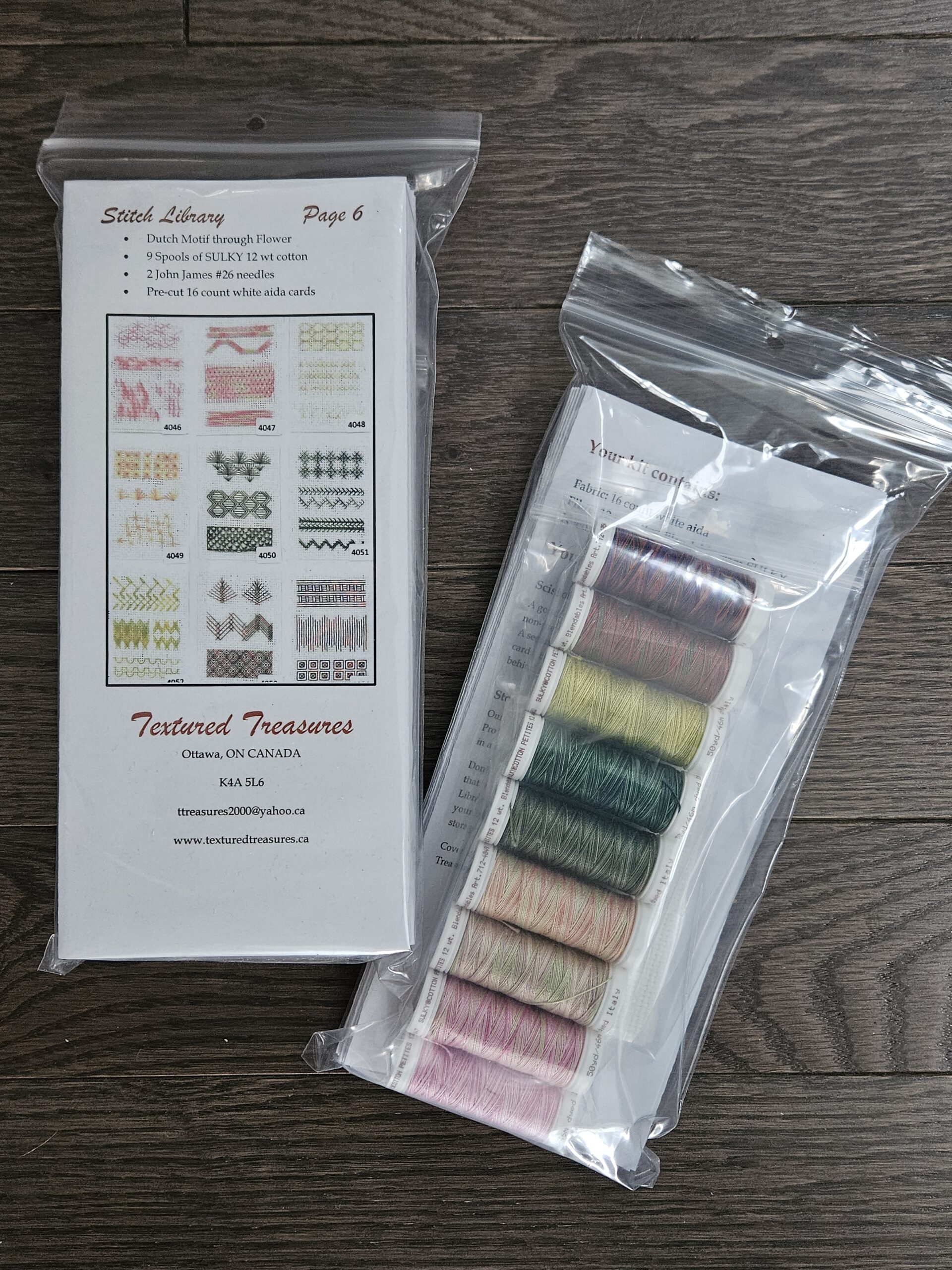 Photo of 2 Stitch Library kits: on the left is the front of the Page 6 kit, showing the 9 cards of stitches that can be stitched; on the right is the back of the Page 6 kit, showing the 9 spools of SULKY 12wt Blendable colours included in the kit.
